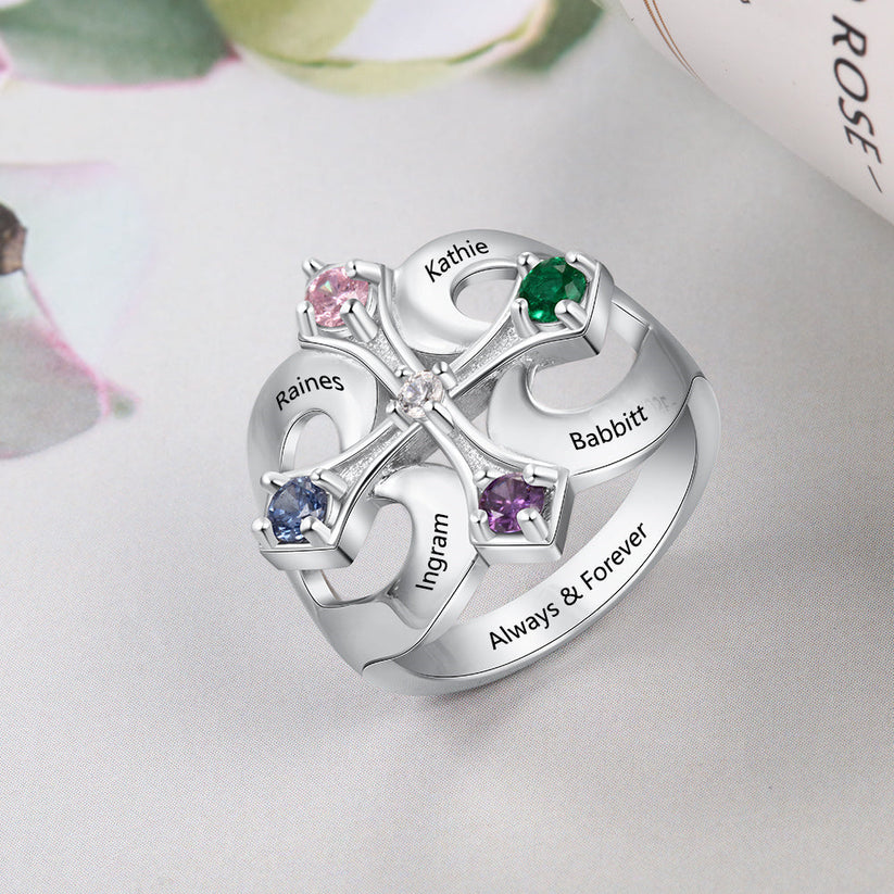 Personalized Iron Cross Mother's Ring 4 Birthstones 4 Engraved Names ...
