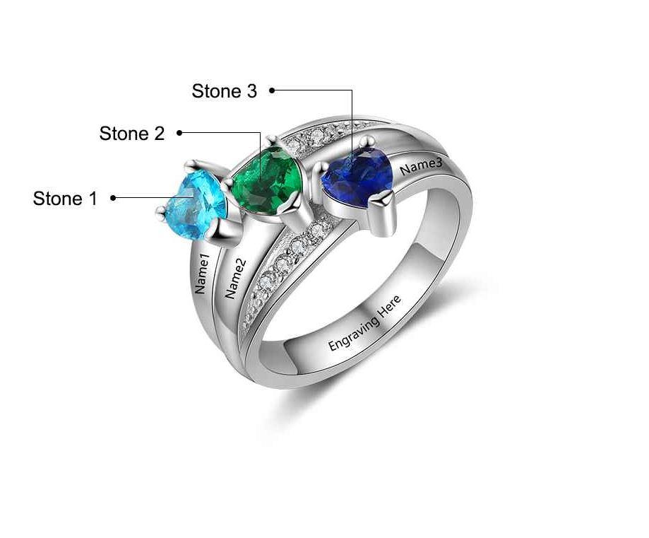 JO Mother's Ring Personalized Mother's Ring 3 Heart Birthstones 3 Engraved Names