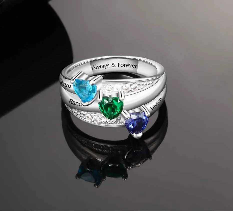 JO Mother's Ring Personalized Mother's Ring 3 Heart Birthstones 3 Engraved Names