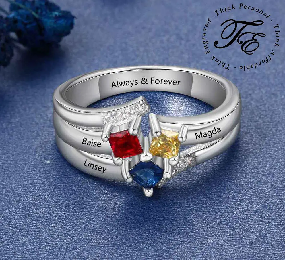 JO Mother's Ring Personalized Mother's Ring 3 Square Birthstones 3 Engraved Names