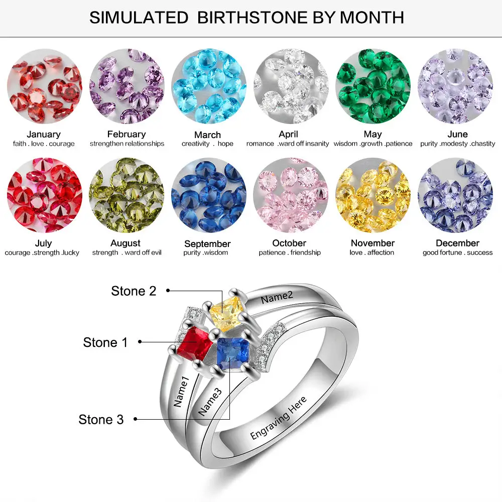 JO Mother's Ring Personalized Mother's Ring 3 Square Birthstones 3 Engraved Names