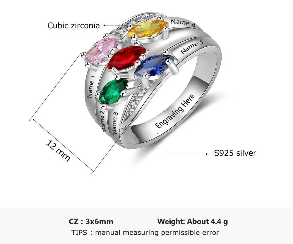 JO Mother's Ring Personalized Mother's Ring 5 Marquis Birthstones Sterling Silver