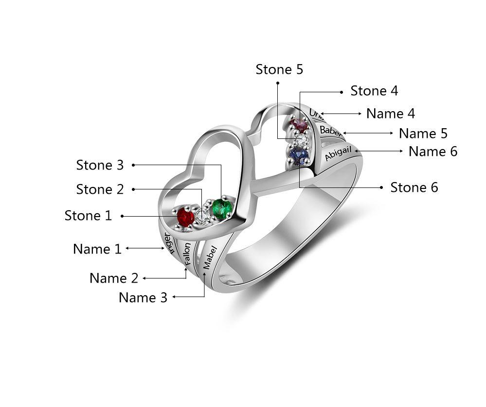 JO Mother's Ring Personalized Mother's Ring 6 Stones 6 Names Double Heart Design