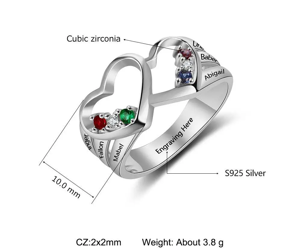 JO Mother's Ring Personalized Mother's Ring 6 Stones 6 Names Double Heart Design