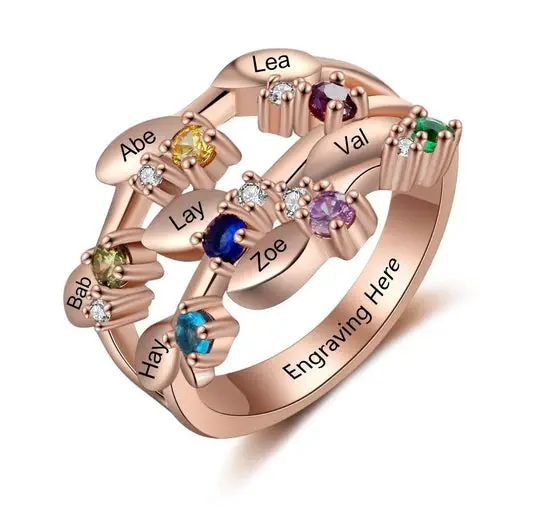 JO Mother's Ring Personalized Mother's Ring Rose Gold 7 Birthstones 7 Names