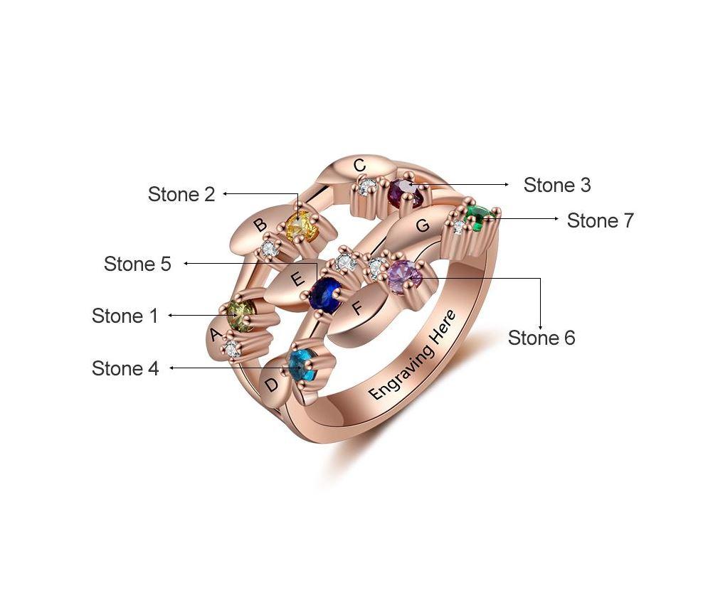 JO Mother's Ring Personalized Mother's Ring Rose Gold 7 Birthstones 7 Names