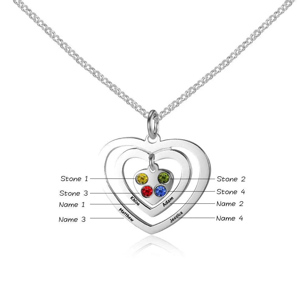 JO mothers necklace 4 Birthstone Mother's Necklace Hearts Echo 4 Engraved Names