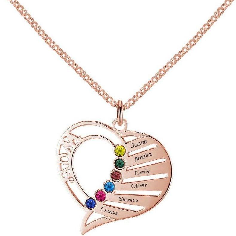 JO mothers necklace 6 Birthstone Rose Gold Mother's Necklace Mom's Heart Pendant 6 Names