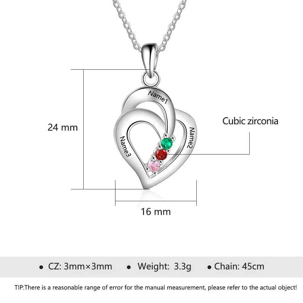 JO mothers necklace Mother's Necklace 3 Birthstones and 3 Engraved Names Heart Pendant