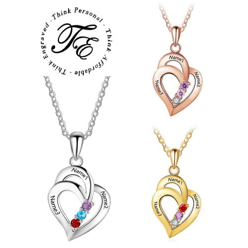 JO mothers necklace Mother's Necklace 3 Birthstones and 3 Engraved Names Heart Pendant