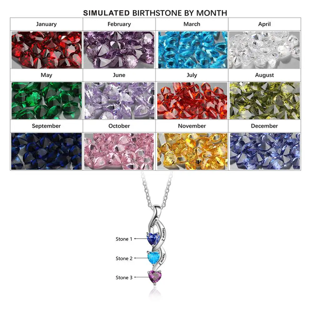 JO mothers necklace Sterling Silver 3 Birthstone Shooting Hearts Mothers Necklace 3 Names