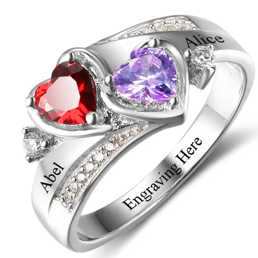 JO Peronalized Ring 5 Mother's Ring 2 Birthstones with 2 Engraved Names 925 Sterling Silver