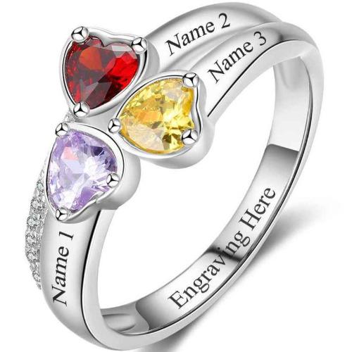 JO Peronalized Ring 5 Mother's Ring 3 Heart Birthstones and 3 Engraved Names