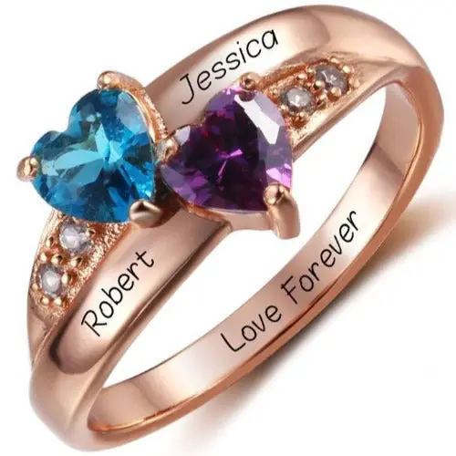 JO Peronalized Ring 5 Personalized 2 Birthstone Two Hearts Rose Gold Mother's Ring