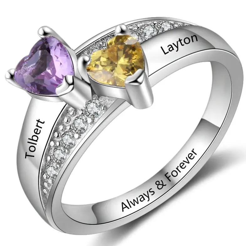JO Peronalized Ring 6 Personalized Mother's Ring 2 Heart Birthstones Stacked Hearts 2 Engraved Names