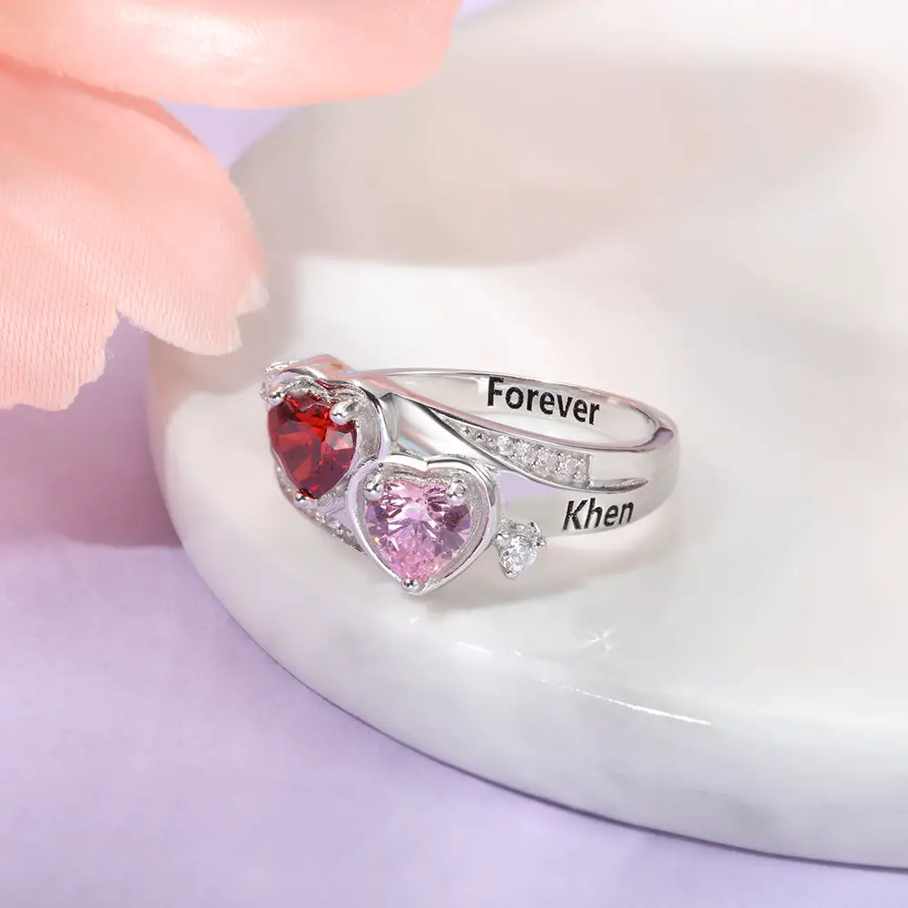 JO Peronalized Ring Mother's Ring 2 Birthstones with 2 Engraved Names 925 Sterling Silver