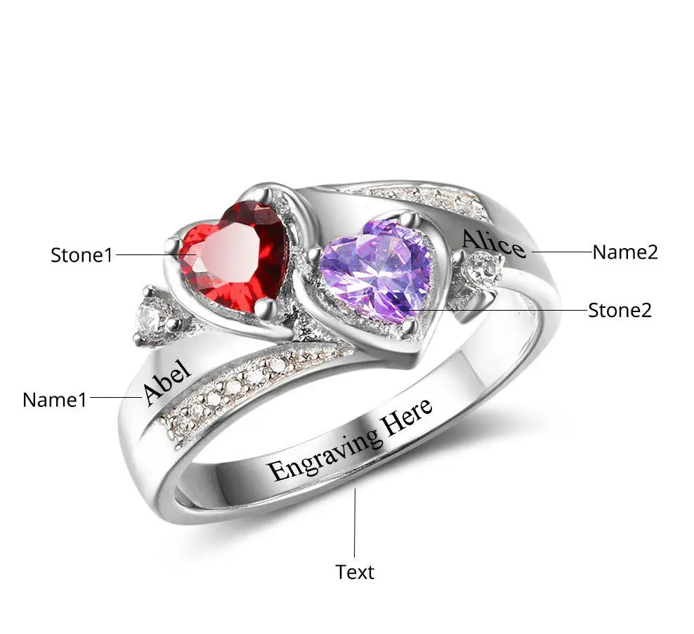 JO Peronalized Ring Mother's Ring 2 Birthstones with 2 Engraved Names 925 Sterling Silver