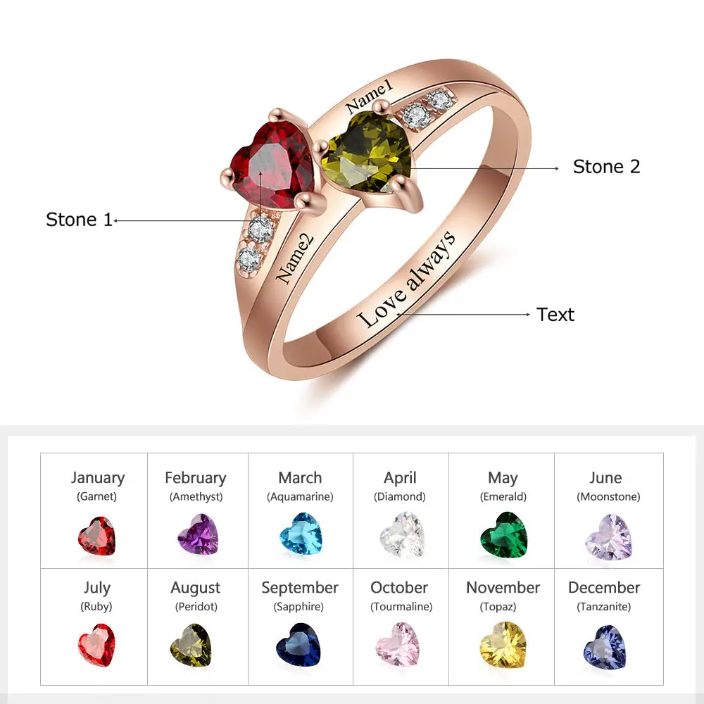 JO Peronalized Ring Personalized 2 Birthstone Two Hearts Rose Gold Mother's Ring