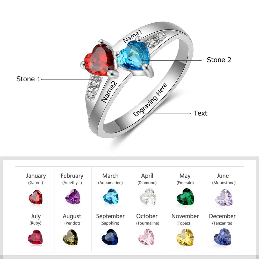 JO Peronalized Ring Personalized 2 Birthstones True Hearts Mothers Ring 2 Engraved Names