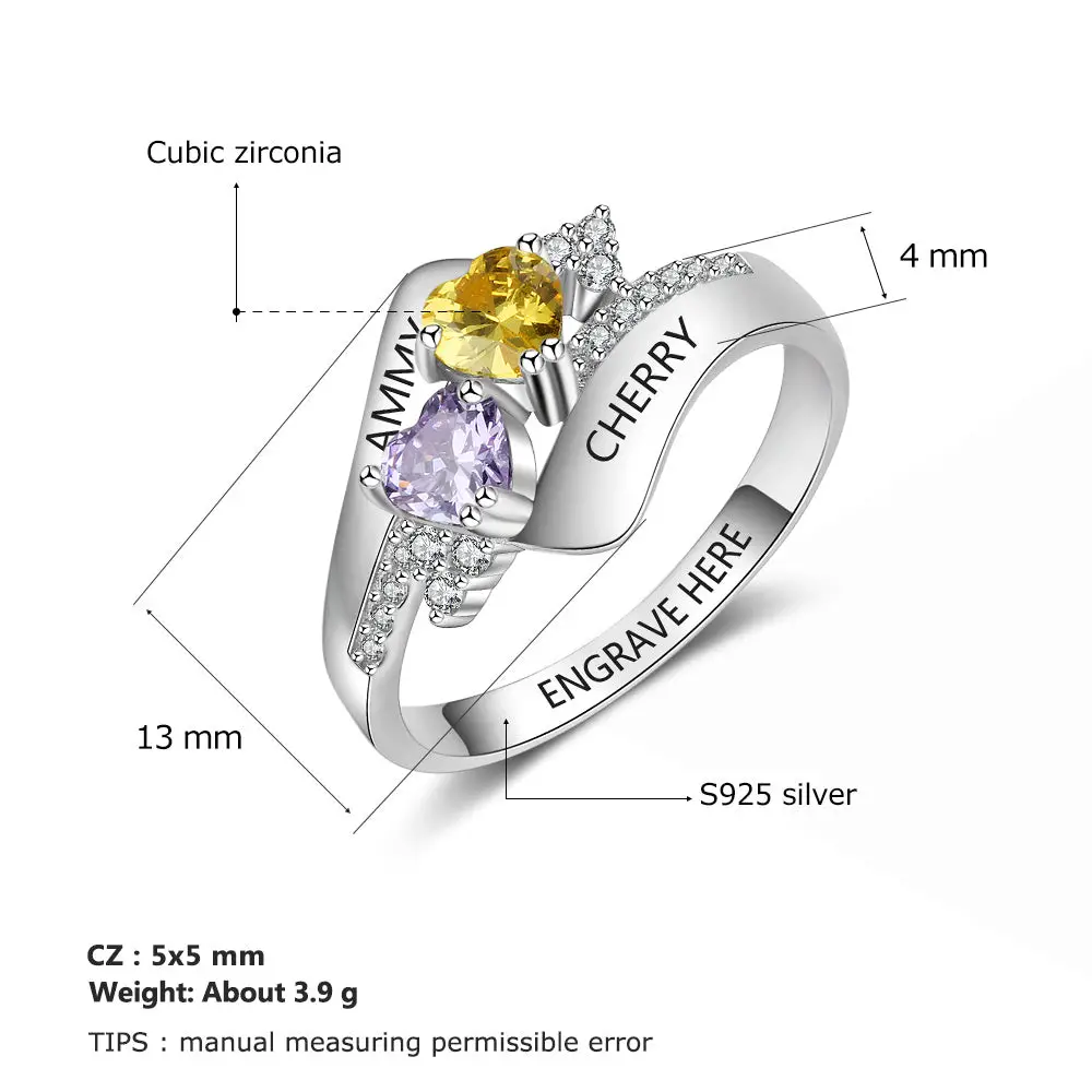 JO Peronalized Ring Personalized 2 Heart Birthstone Silver Mother's Ring - Classic Design 2 Engraved Names