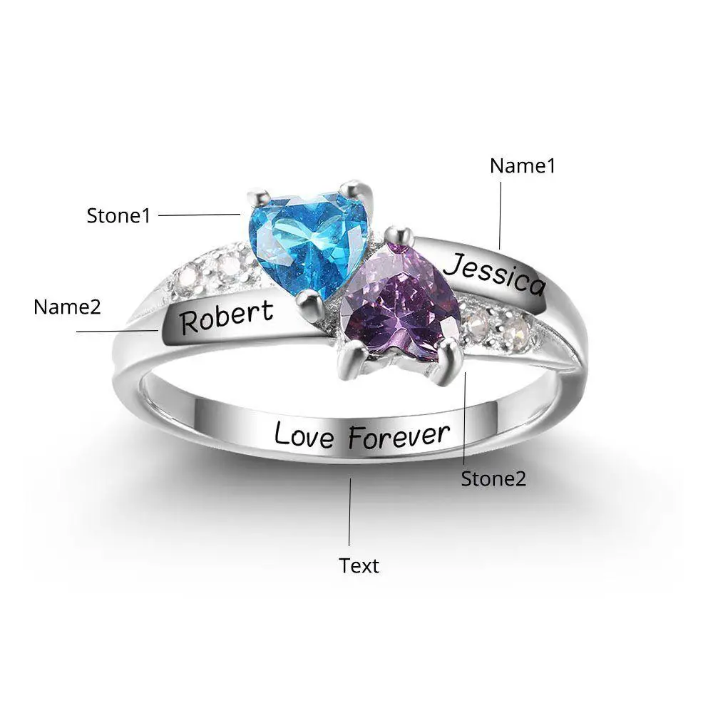 JO Peronalized Ring Personalized 2 Stone Turned Hearts Mothers Ring 2 Engraved Names
