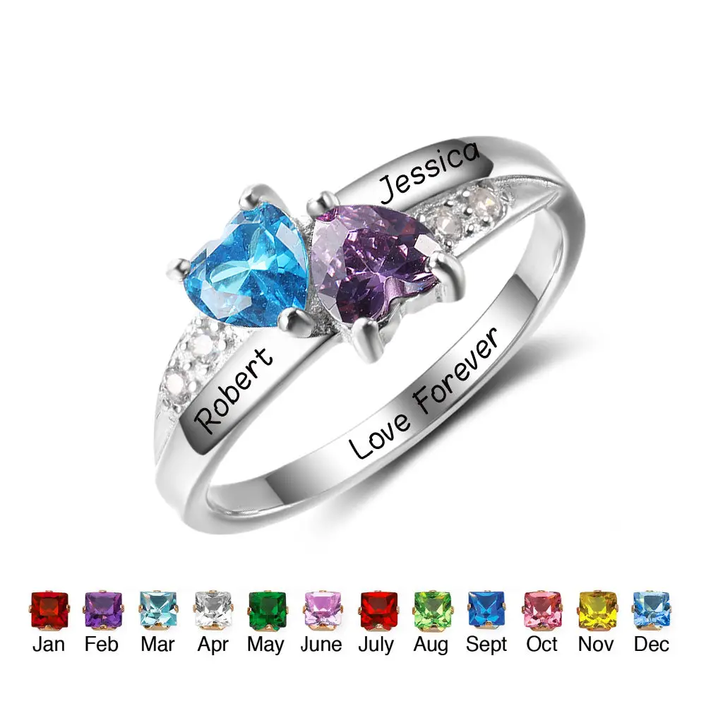 JO Peronalized Ring Personalized 2 Stone Turned Hearts Mothers Ring 2 Engraved Names