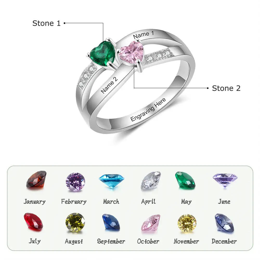 JO Peronalized Ring Personalized 2 Stone United Hearts Split Band Mother's Ring