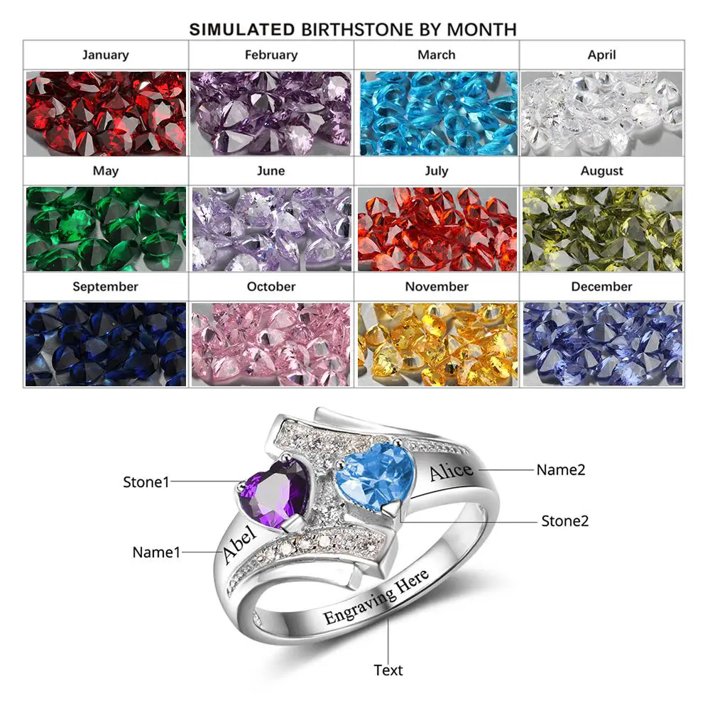 JO Peronalized Ring Personalized 2 Stone Vintage Look Heart Birthstones Mothers Ring