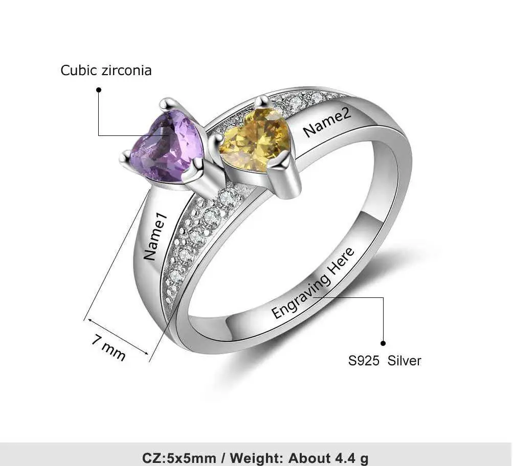 JO Peronalized Ring Personalized Mother's Ring 2 Heart Birthstones Stacked Hearts 2 Engraved Names