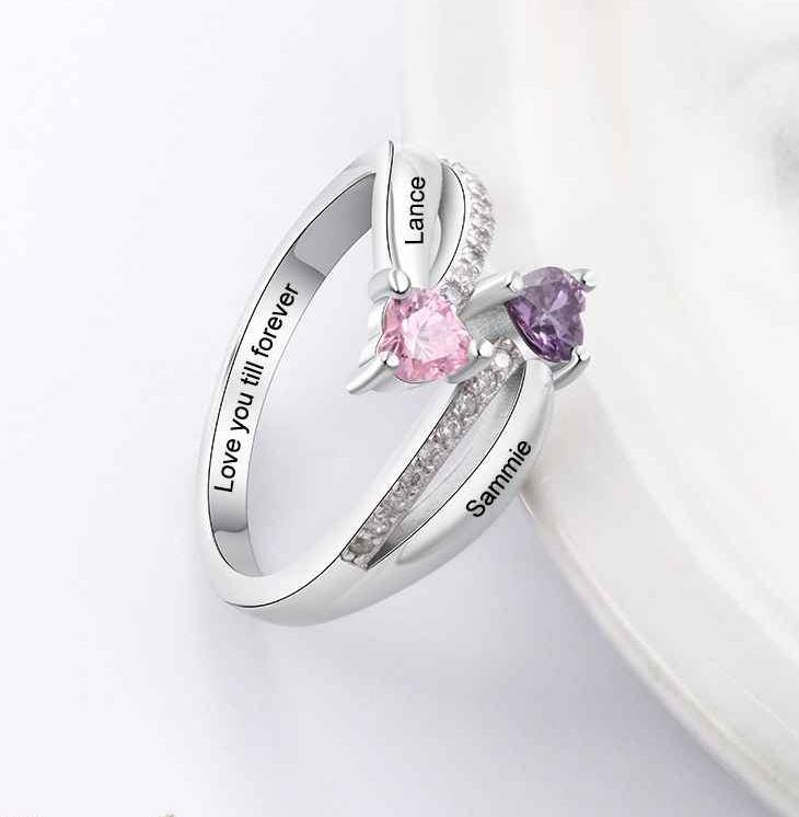 JO Peronalized Ring Personalized Mother's Ring 2 Heart Birthstones True Loves 2 Names