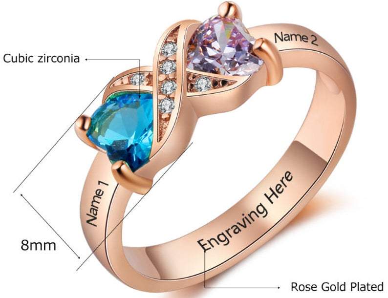 JO Peronalized Ring Personalized Mother's Ring 2 Stone 2 Name Rose Gold ip