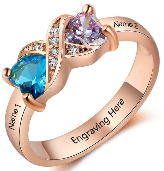 JO Peronalized Ring Personalized Mother's Ring 2 Stone 2 Name Rose Gold ip