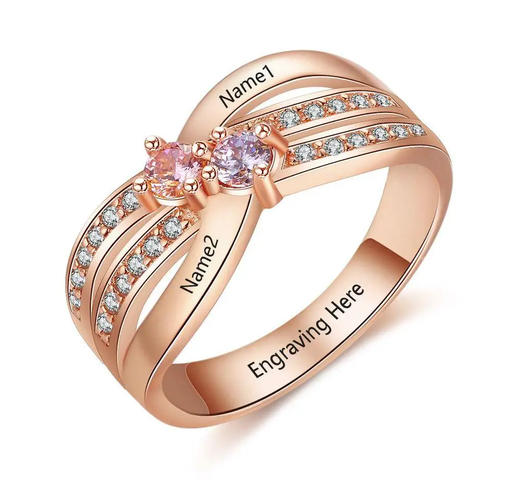 JO Peronalized Ring Women's Promise Ring Rose Gold IP 2 Birthstone Twin Lines