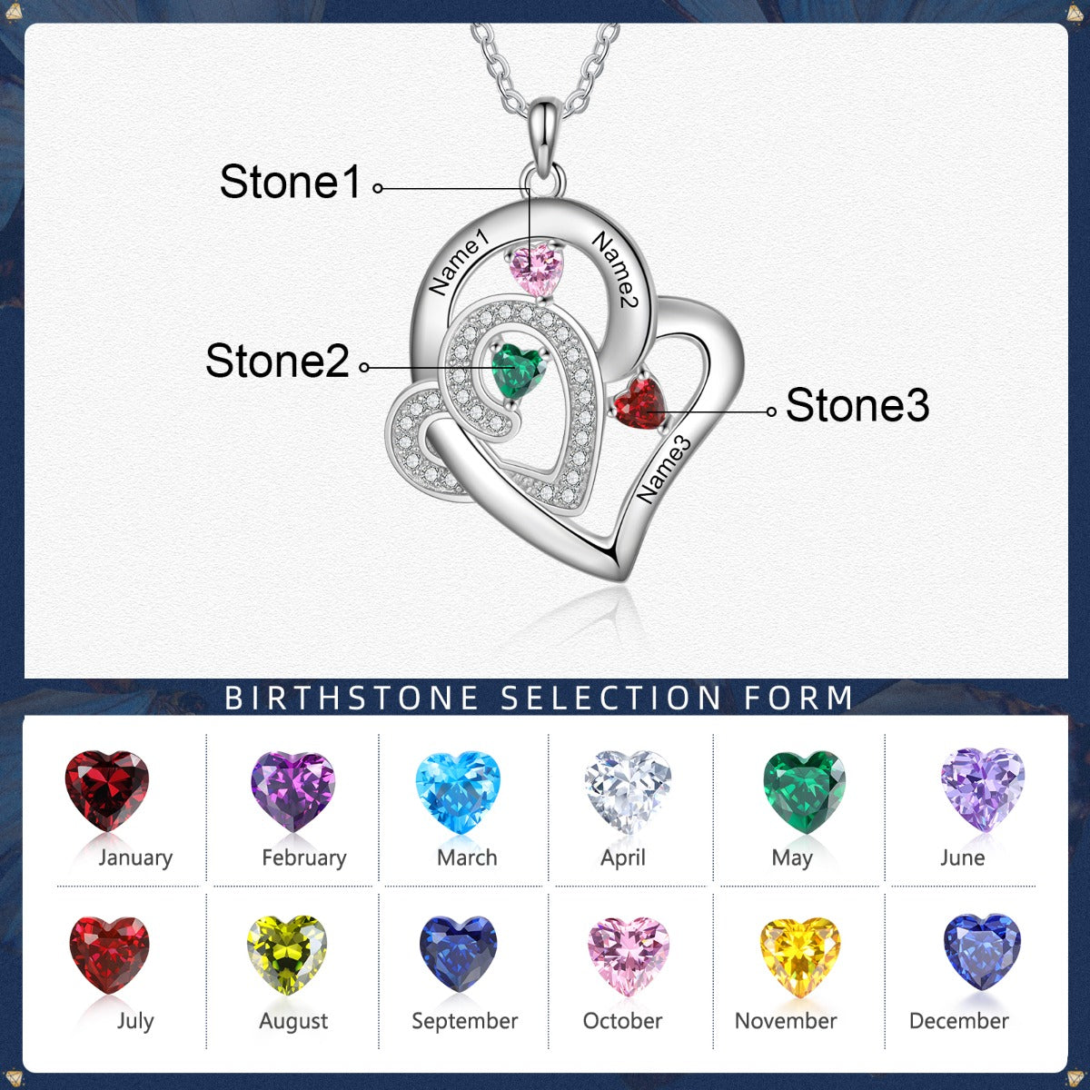 Think Engraved engraved necklace Custom 3 Birthstone Heart Name Pendant Necklace - 3 Stone Mother's Necklace Stainless