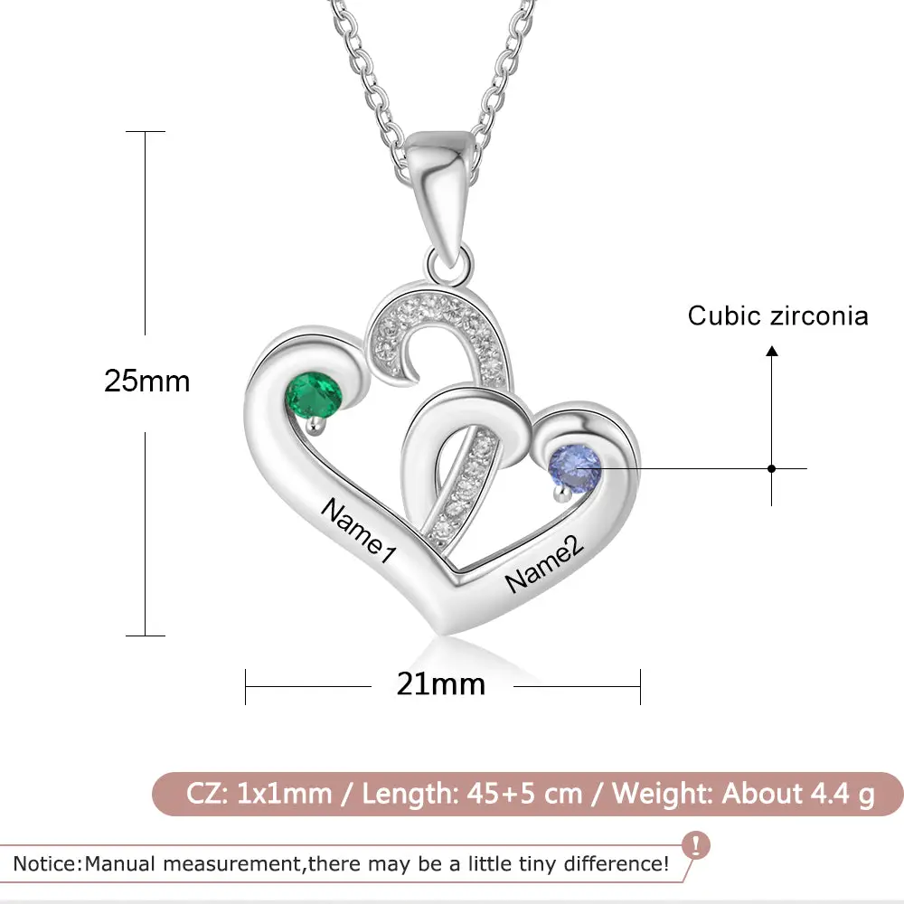 Think Engraved engraved necklace Custom Engraved 2 Stone Heart Name Necklace  - 2 Birthstone Mother's Necklace