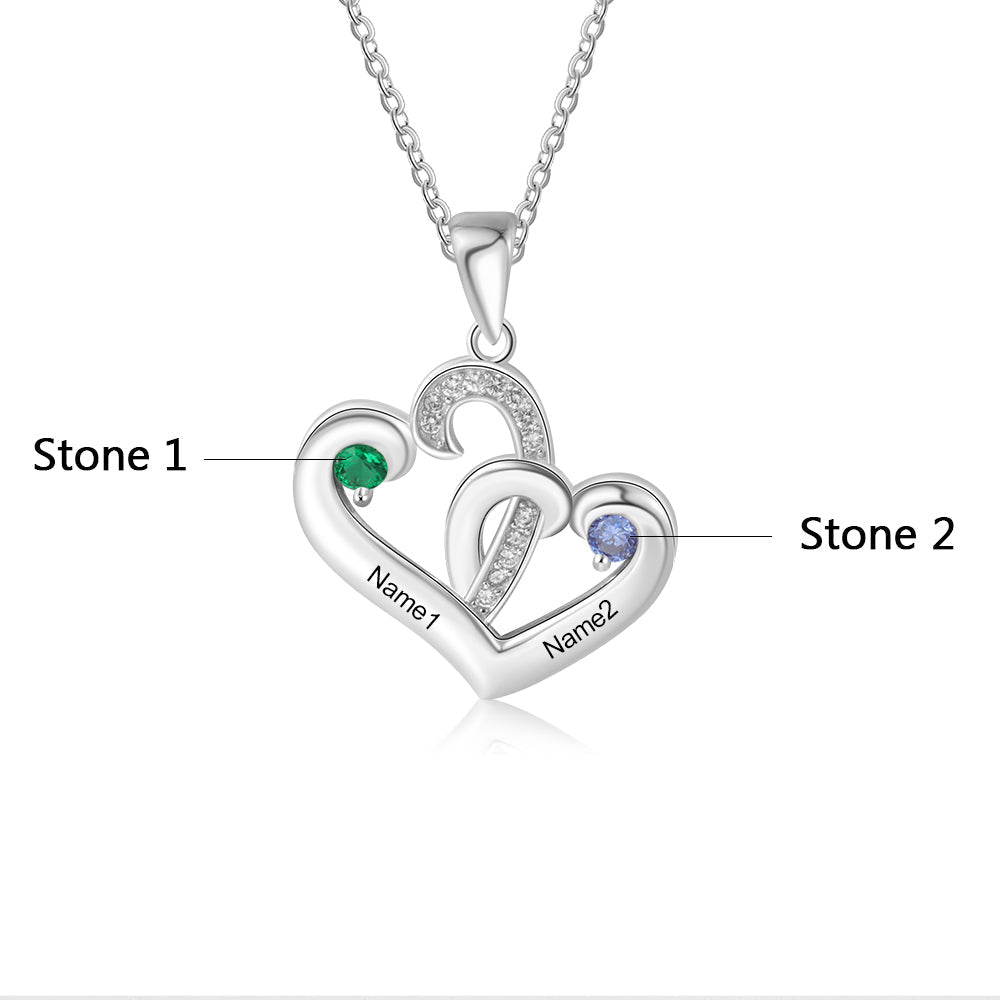 Think Engraved engraved necklace Custom Engraved 2 Stone Heart Name Necklace  - 2 Birthstone Mother's Necklace