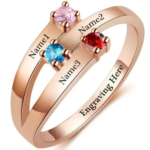 Think Engraved Mother's Ring 5 Custom 3 Birthstone 3 Engraved Names Rose Gold Ribbon Band Mother's Ring