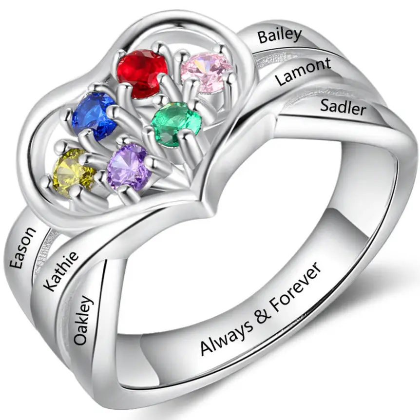Think Engraved Mother's Ring 6 Custom 6 Birthstone Mother's Ring 6 Engraved Names Heart Design