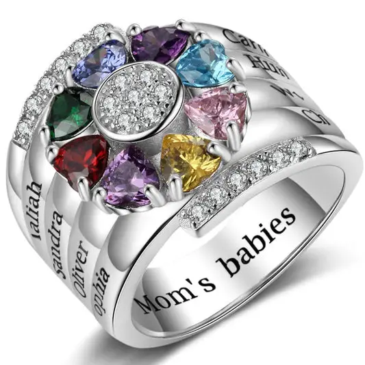 Think Engraved Mother's Ring 6 Custom 8 Heart Birthstones Mother's Ring 8 Personalized Engraved Names