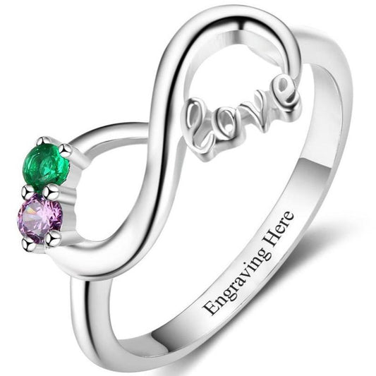 Think Engraved Mother's Ring 6 Custom Engraved 2 Stone LOVE Infinity Knot Promise Ring or Mother's Ring Sterling Silver