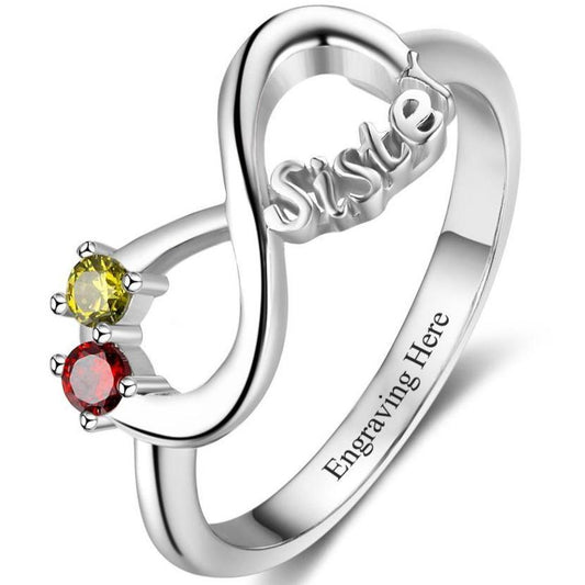 Think Engraved Mother's Ring Custom 2 Stone Infinity Sisters Ring - Dual Birthstone Sisters Ring With Engraving