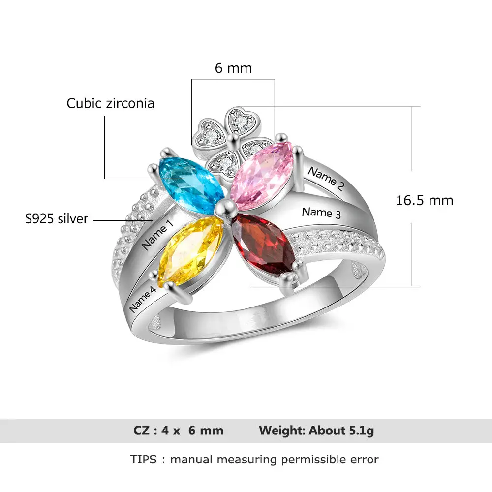 Think Engraved Mother's Ring Custom 4 Birthstone Butterfly Name Ring 4 Engraved Names Mother's Ring