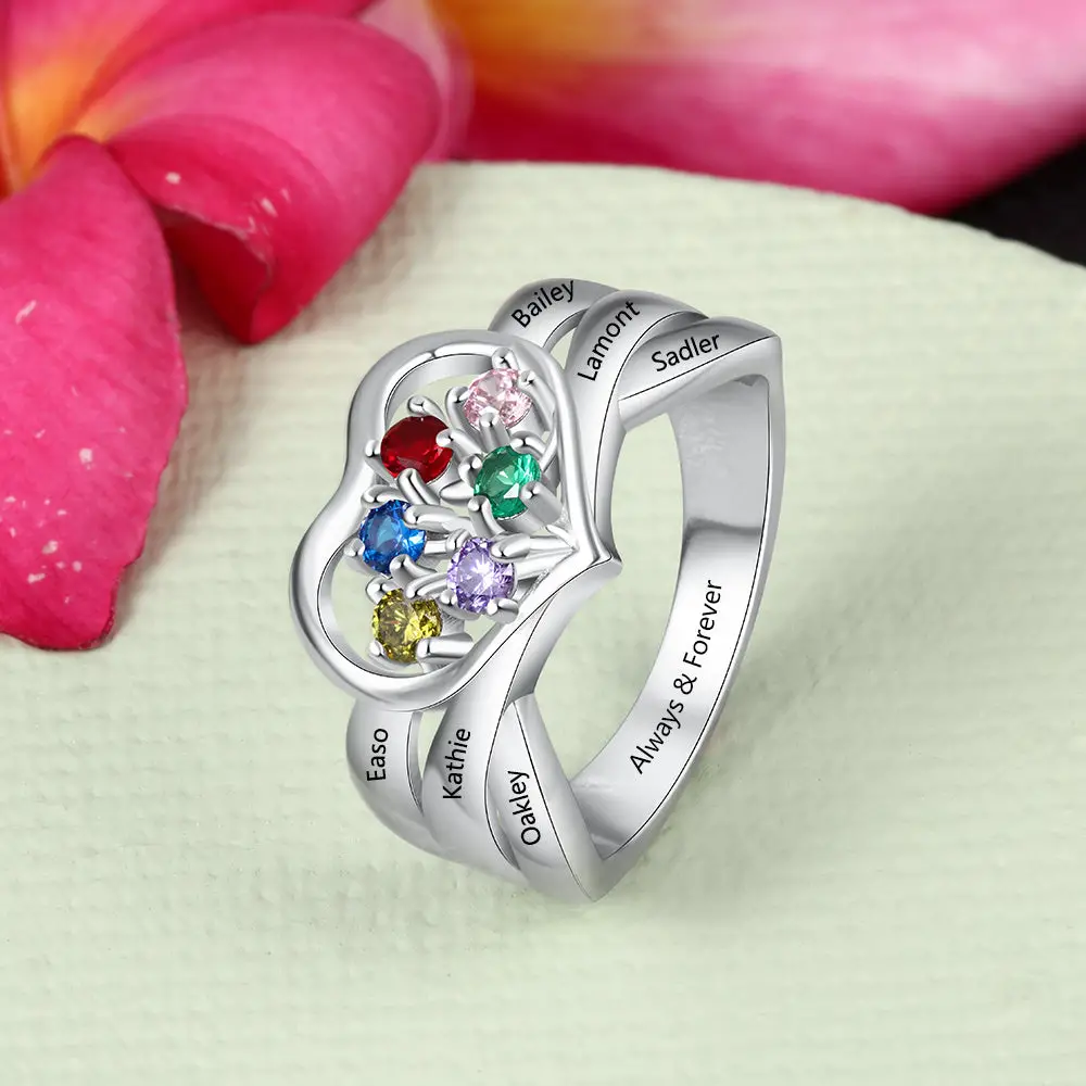 Think Engraved Mother's Ring Custom 6 Birthstone Mother's Ring 6 Engraved Names Heart Design