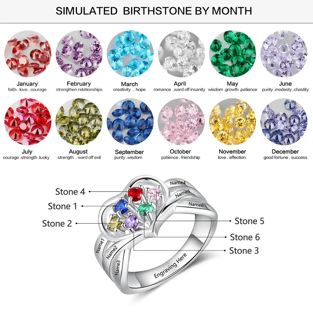Think Engraved Mother's Ring Custom 6 Birthstone Mother's Ring 6 Engraved Names Heart Design