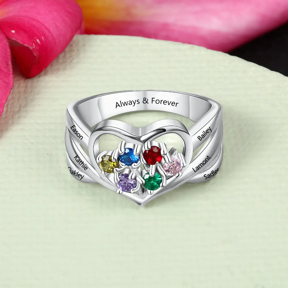 Think Engraved Mother's Ring Custom 6 Birthstone Mother's Ring 6 Engraved Names Heart Design