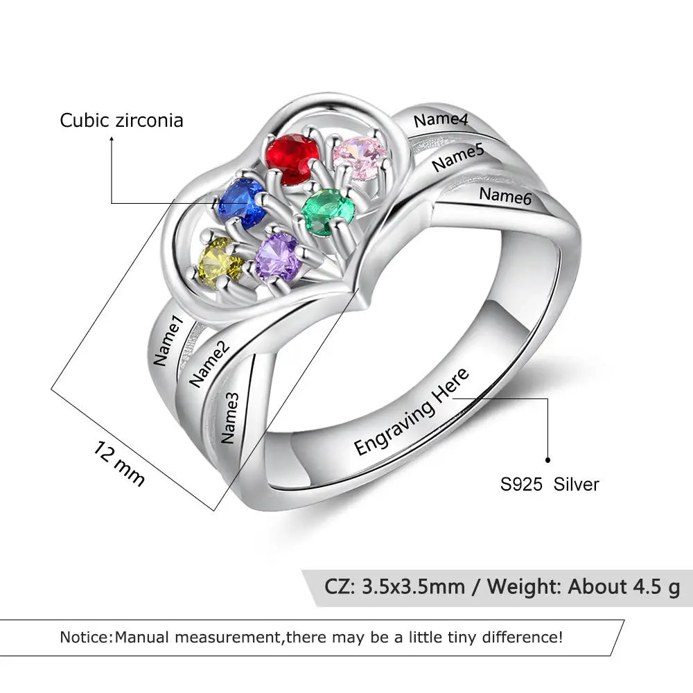 Think Engraved Mother's Ring Custom 6 Birthstone Mother's Ring 6 Engraved Names Heart Design