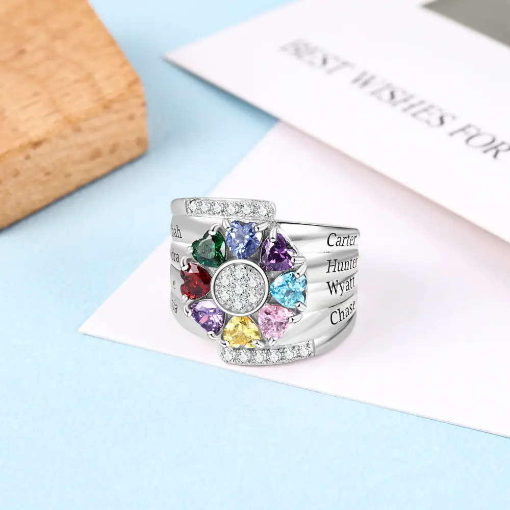 Think Engraved Mother's Ring Custom 8 Heart Birthstones Mother's Ring 8 Personalized Engraved Names
