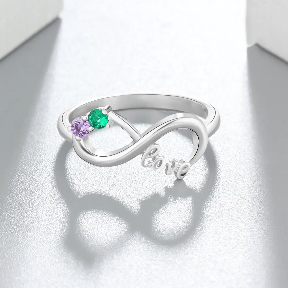 Think Engraved Mother's Ring Custom Engraved 2 Stone LOVE Infinity Knot Promise Ring or Mother's Ring Sterling Silver