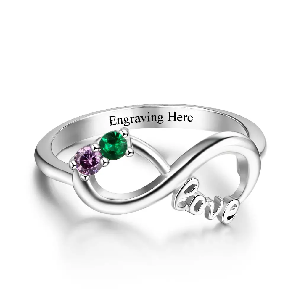 Think Engraved Mother's Ring Custom Engraved 2 Stone LOVE Infinity Knot Promise Ring or Mother's Ring Sterling Silver