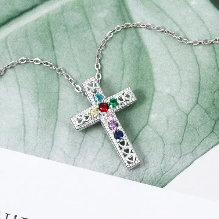 Think Engraved mothers necklace Personalized 7 Birthstone Cross Mother's Necklace - Heart Cut-Outs Crucifix